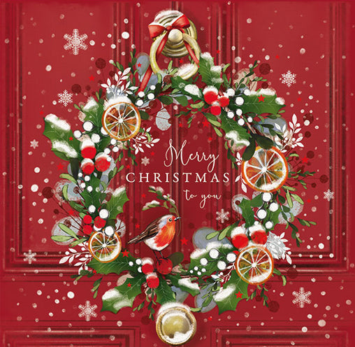 'Festive Door Wreath' Christmas card (Pack of 10)